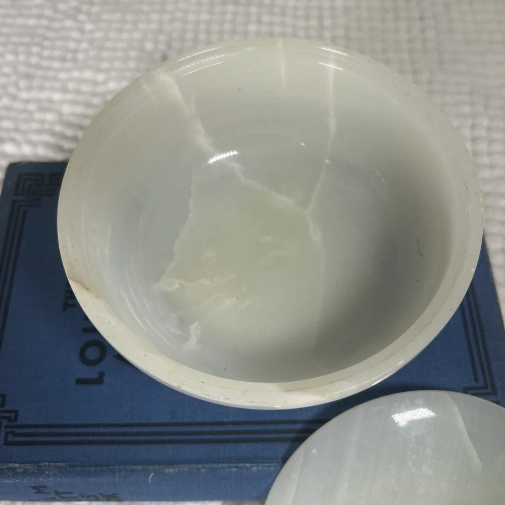 White Onyx Marble Lidded Jar Trinket Candy Dish Cream Heavy App 5
